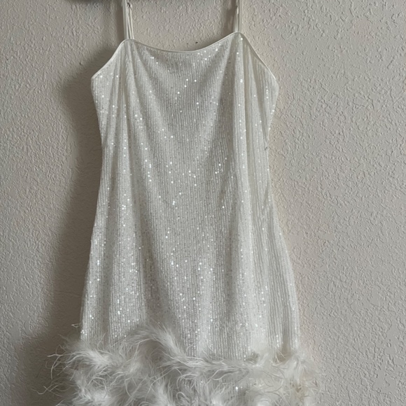 Lulus Truly Sensational White Sequin Feather Sleeveless Mini Dress - Picture 15 of 16